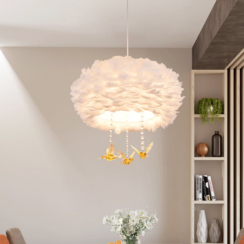 Goose Feather Drum Pendant Light Nordic 5-Light White Chandelier with Bird Deco, 16"/23.5"/31.5" Width White Clearhalo 'Ceiling Lights' 'Chandeliers' 'Modern Chandeliers' 'Modern' Lighting' 1986780