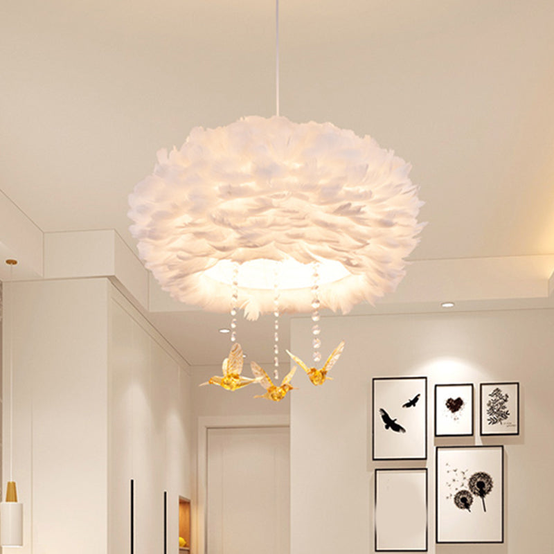 Goose Feather Drum Pendant Light Nordic 5-Light White Chandelier with Bird Deco, 16"/23.5"/31.5" Width Clearhalo 'Ceiling Lights' 'Chandeliers' 'Modern Chandeliers' 'Modern' Lighting' 1986782