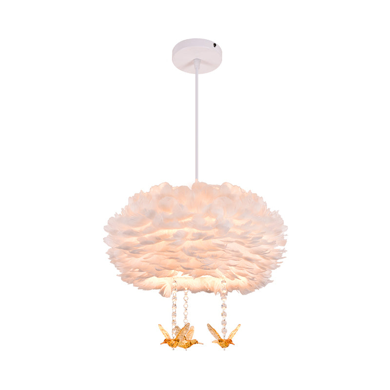 Goose Feather Drum Pendant Light Nordic 5-Light White Chandelier with Bird Deco, 16"/23.5"/31.5" Width Clearhalo 'Ceiling Lights' 'Chandeliers' 'Modern Chandeliers' 'Modern' Lighting' 1986783