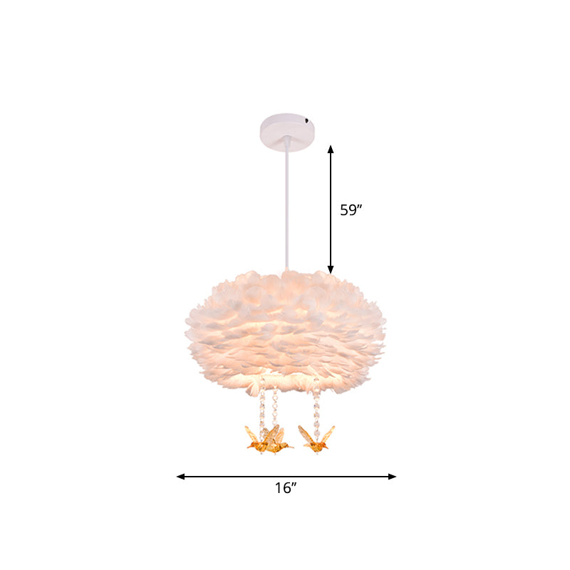 Goose Feather Drum Pendant Light Nordic 5-Light White Chandelier with Bird Deco, 16"/23.5"/31.5" Width Clearhalo 'Ceiling Lights' 'Chandeliers' 'Modern Chandeliers' 'Modern' Lighting' 1986784