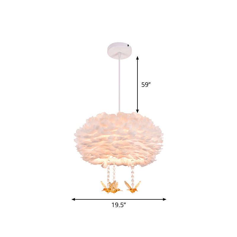 Goose Feather Drum Pendant Light Nordic 5-Light White Chandelier with Bird Deco, 16"/23.5"/31.5" Width Clearhalo 'Ceiling Lights' 'Chandeliers' 'Modern Chandeliers' 'Modern' Lighting' 1986785