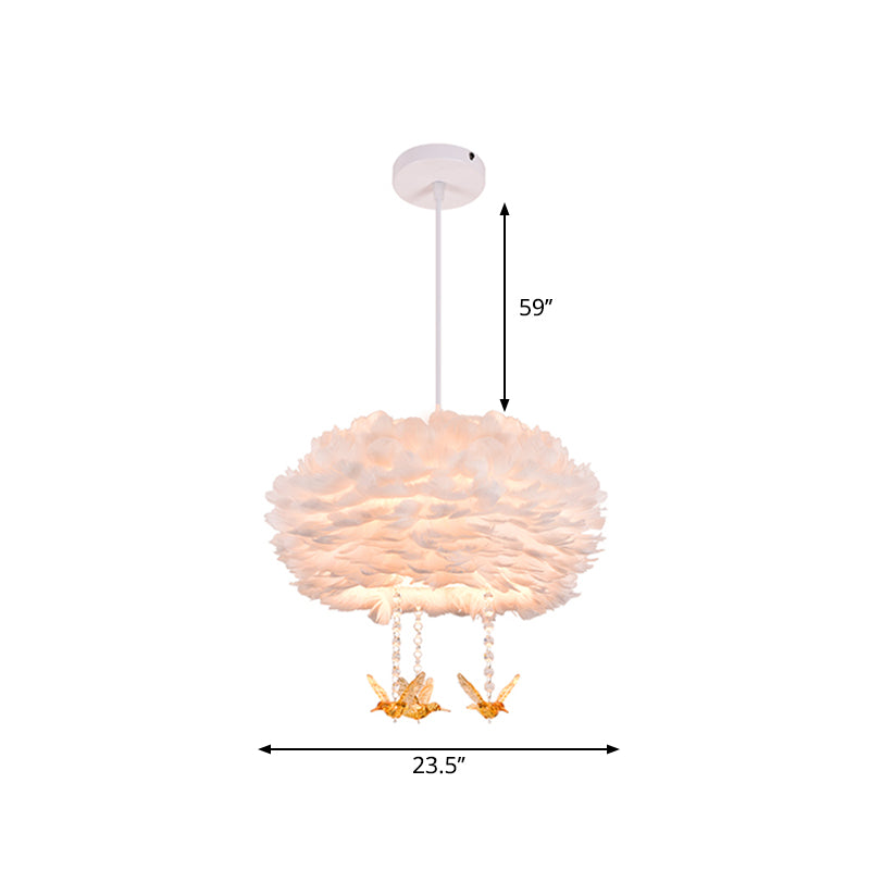 Goose Feather Drum Pendant Light Nordic 5-Light White Chandelier with Bird Deco, 16"/23.5"/31.5" Width Clearhalo 'Ceiling Lights' 'Chandeliers' 'Modern Chandeliers' 'Modern' Lighting' 1986786
