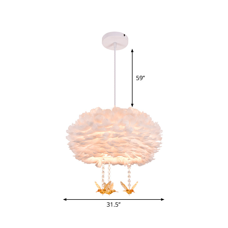 Goose Feather Drum Pendant Light Nordic 5-Light White Chandelier with Bird Deco, 16"/23.5"/31.5" Width Clearhalo 'Ceiling Lights' 'Chandeliers' 'Modern Chandeliers' 'Modern' Lighting' 1986788