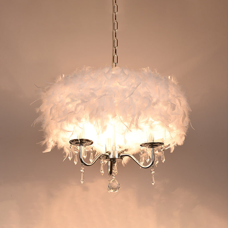 White/Chrome Candelabra Chandelier Modern 3/5 Lights Feather Hanging Light Fixture with Crystal Accent Clearhalo 'Ceiling Lights' 'Chandeliers' 'Modern Chandeliers' 'Modern' Lighting' 1986804