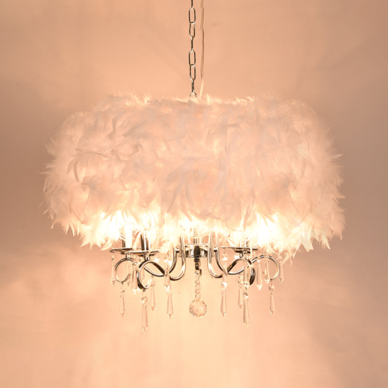 White/Chrome Candelabra Chandelier Modern 3/5 Lights Feather Hanging Light Fixture with Crystal Accent 5 Chrome Clearhalo 'Ceiling Lights' 'Chandeliers' 'Modern Chandeliers' 'Modern' Lighting' 1986805