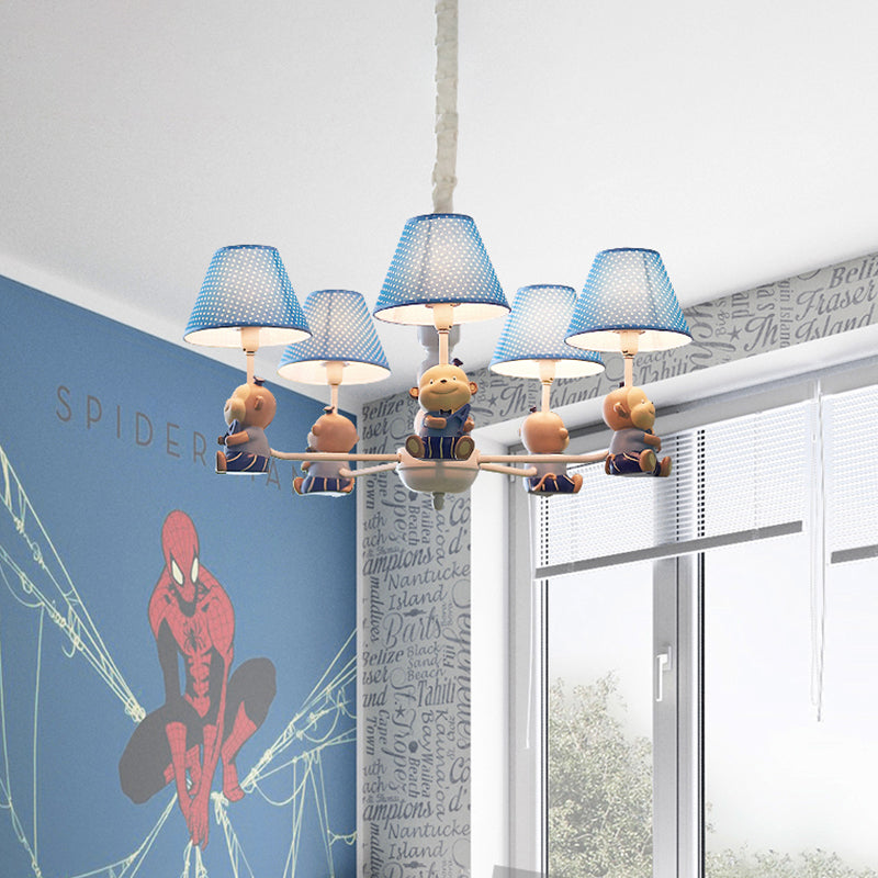 Lovely Monkey Chandelier Fabric and Metal 5 Lights Blue Pendant Lighting for Kid Bedroom Clearhalo 'Ceiling Lights' 'Chandeliers' Lighting' options 198719