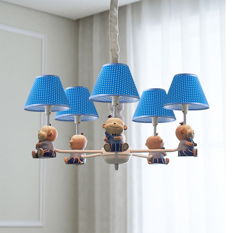Lovely Monkey Chandelier Fabric and Metal 5 Lights Blue Pendant Lighting for Kid Bedroom Clearhalo 'Ceiling Lights' 'Chandeliers' Lighting' options 198721