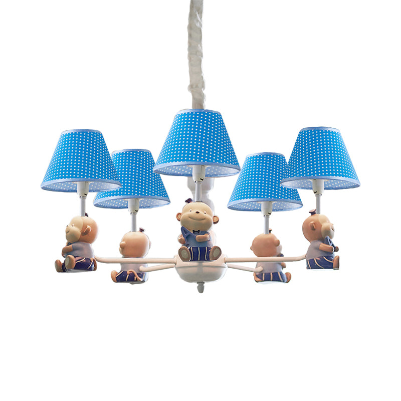 Lovely Monkey Chandelier Fabric and Metal 5 Lights Blue Pendant Lighting for Kid Bedroom Clearhalo 'Ceiling Lights' 'Chandeliers' Lighting' options 198722