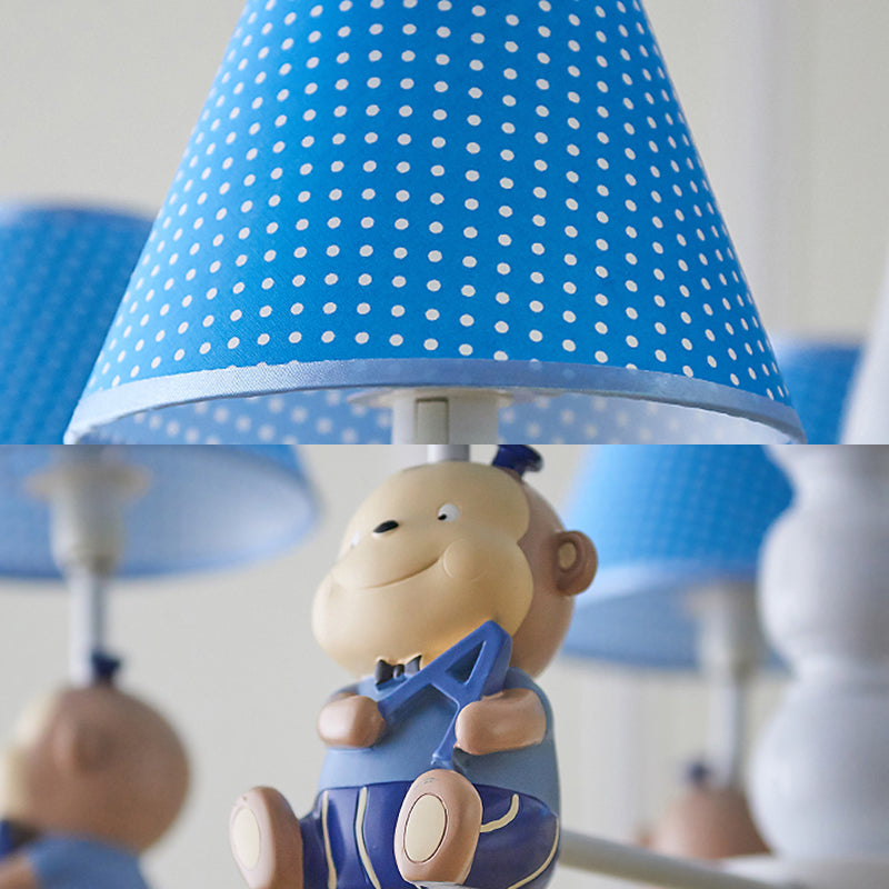 Lovely Monkey Chandelier Fabric and Metal 5 Lights Blue Pendant Lighting for Kid Bedroom Clearhalo 'Ceiling Lights' 'Chandeliers' Lighting' options 198724