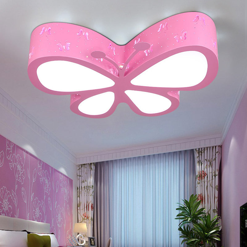 Kindergarten Etched Butterfly Ceiling Mount Light Metal Cartoon LED Flush Light Fixture Pink 23.5" Clearhalo 'Ceiling Lights' 'Close To Ceiling Lights' 'Close to ceiling' 'Flush mount' Lighting' 198744