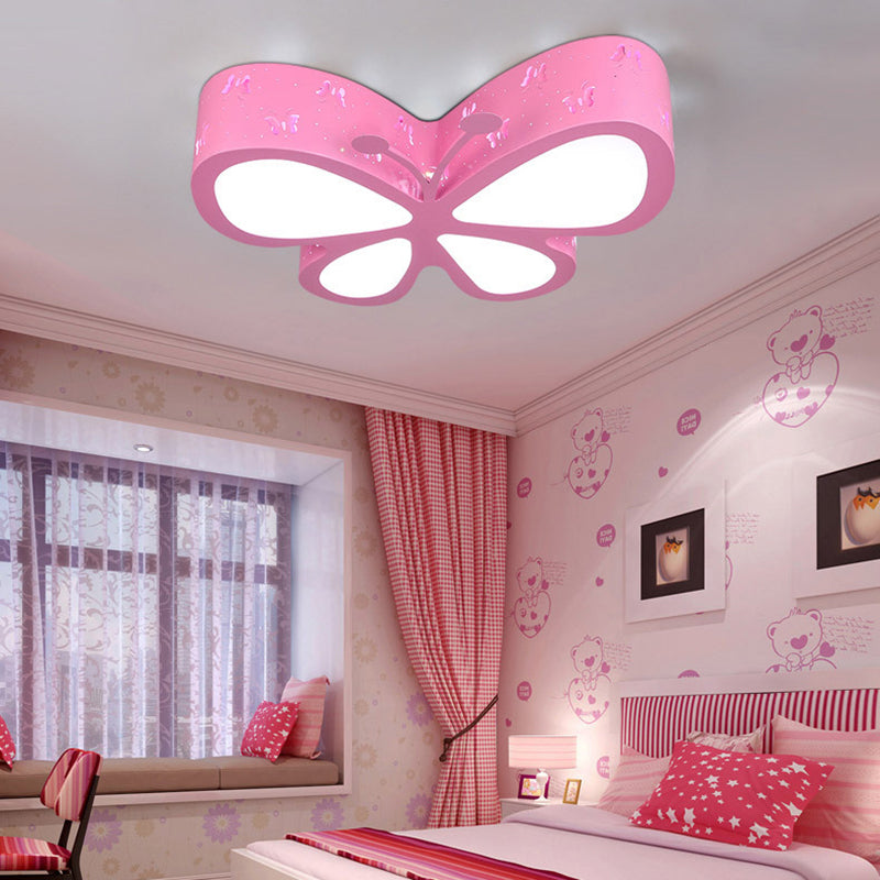 Kindergarten Etched Butterfly Ceiling Mount Light Metal Cartoon LED Flush Light Fixture Pink 19.5" Clearhalo 'Ceiling Lights' 'Close To Ceiling Lights' 'Close to ceiling' 'Flush mount' Lighting' 198745