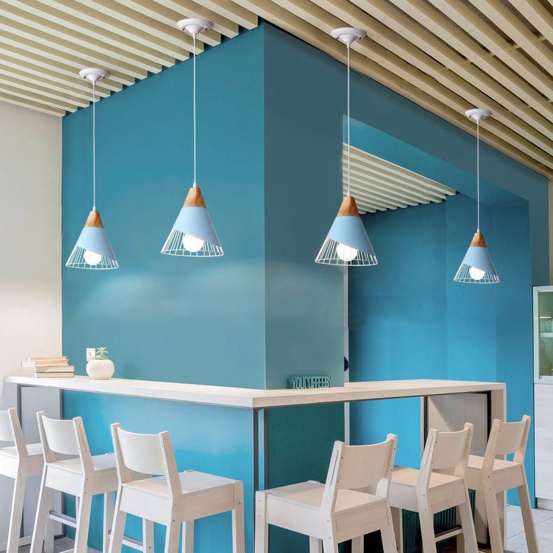 Modernism Cone Pendant Light 1 Light Aluminum and Wood Pendant Ceiling Light in Black/Blue for Dining Table Clearhalo 'Ceiling Lights' 'Modern Pendants' 'Modern' 'Pendant Lights' 'Pendants' Lighting' 19878