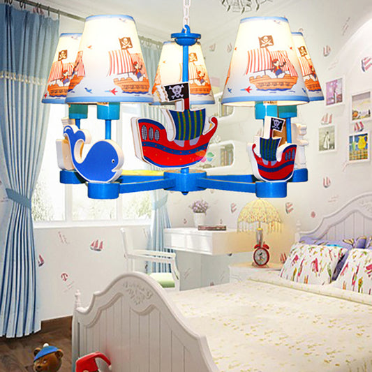 Kid Bedroom Ship Pendant Light Fixture Fabric 5 Lights Cartoon Blue Hanging Chandelier Clearhalo 'Ceiling Lights' 'Chandeliers' Lighting' options 198873