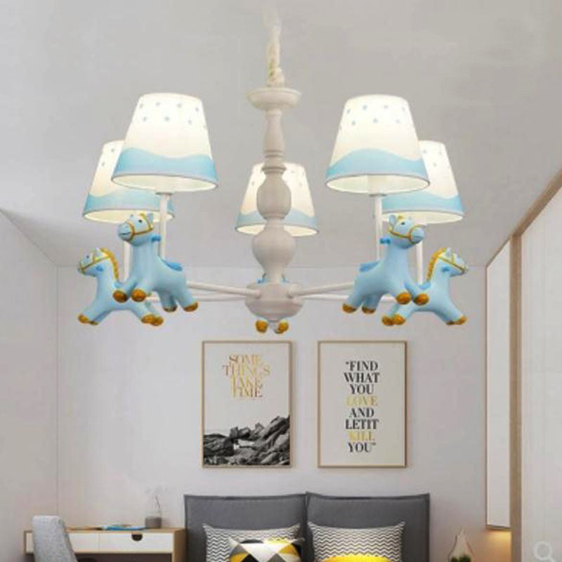 Living Room Tapered Shade Hanging Lamp with Horse Fixture Fabric Art Deco Chandelier 5.0 Blue Clearhalo 'Ceiling Lights' 'Chandeliers' Lighting' options 198935_aa04d051-a640-4602-b4e9-c87768418fa6
