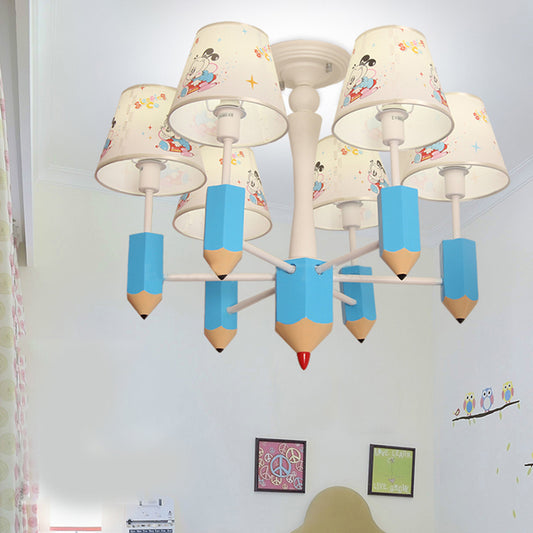 Kid Bedroom Pencil Hanging Lamp with Fabric Shade 6 Lights Cartoon Metal Hanging Light in Blue Clearhalo 'Ceiling Lights' 'Chandeliers' Lighting' options 198991