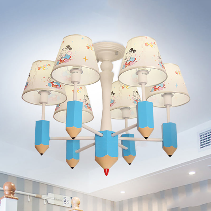 Kid Bedroom Pencil Hanging Lamp with Fabric Shade 6 Lights Cartoon Metal Hanging Light in Blue Clearhalo 'Ceiling Lights' 'Chandeliers' Lighting' options 198992