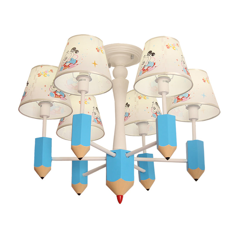 Kid Bedroom Pencil Hanging Lamp with Fabric Shade 6 Lights Cartoon Metal Hanging Light in Blue Clearhalo 'Ceiling Lights' 'Chandeliers' Lighting' options 198993