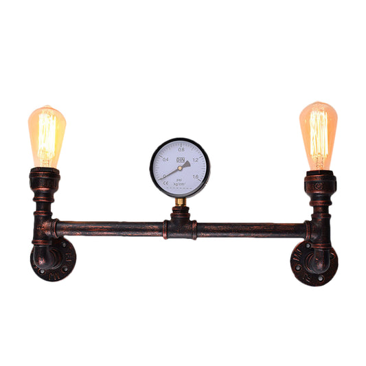 2-Light Pressure Gauge Wall Mounted Pipe Light Industrial Weathered Copper Metal Sconce for Indoor, 20.5"/21.5" Wide Clearhalo 'Art deco wall lights' 'Cast Iron' 'Glass' 'Industrial wall lights' 'Industrial' 'Middle century wall lights' 'Modern' 'Rustic wall lights' 'Tiffany' 'Traditional wall lights' 'Wall Lamps & Sconces' 'Wall Lights' Lighting' 199135