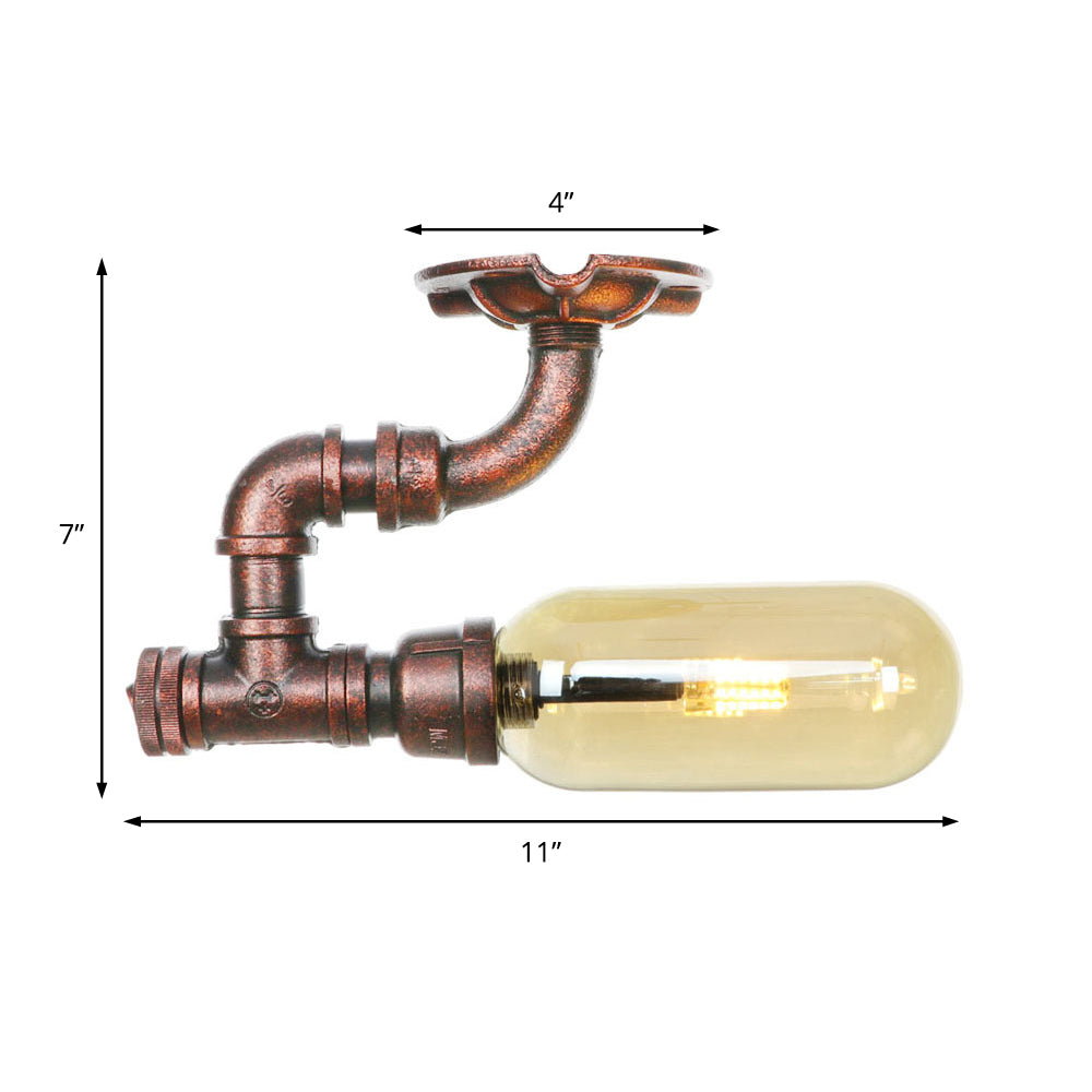 Oval Shade Amber Glass Semi Flush Industrial Single Light Living Room Lighting Fixture in Weathered Copper with Pipe Design Clearhalo 'Ceiling Lights' 'Close To Ceiling Lights' 'Close to ceiling' 'Semi-flushmount' Lighting' 199182