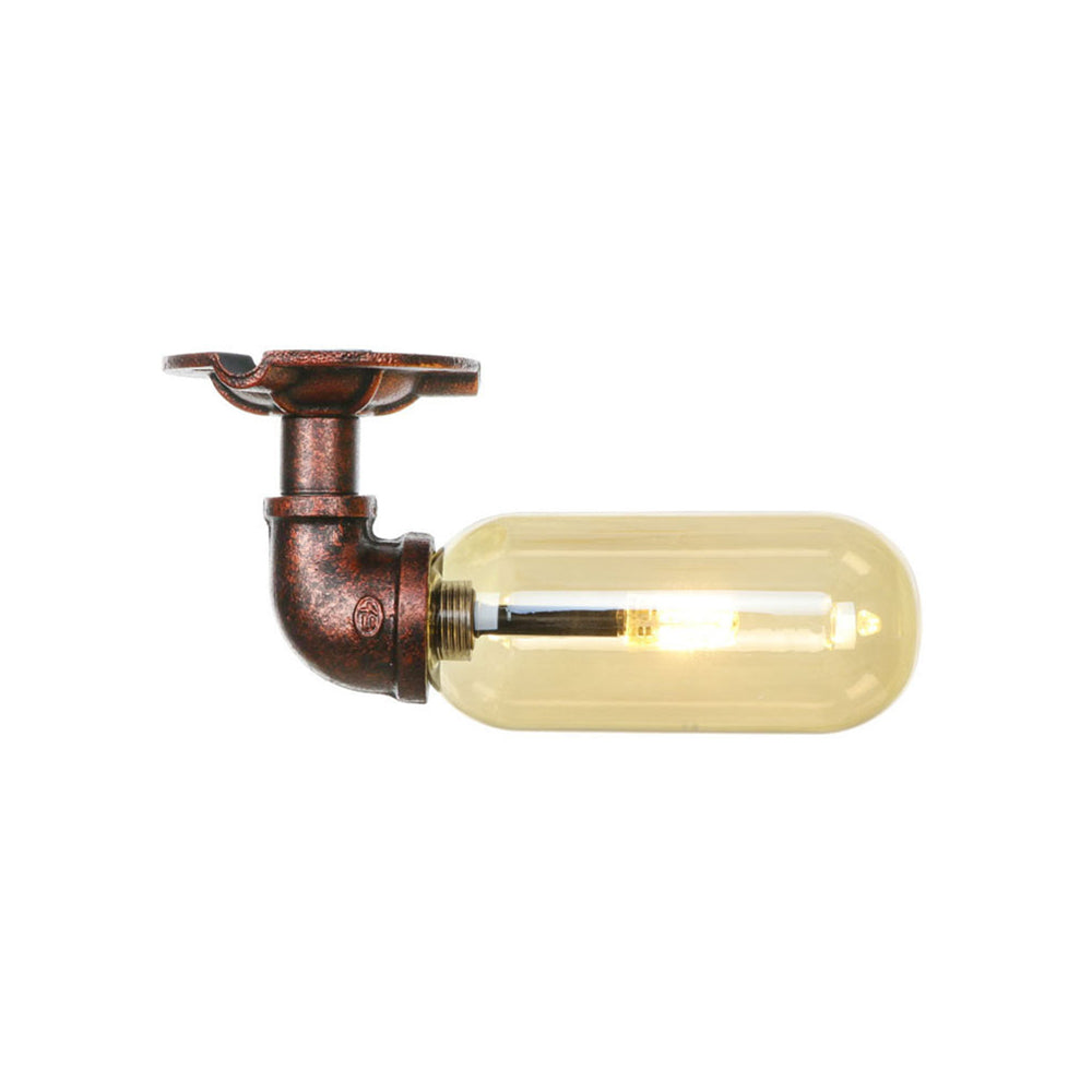 Oval Shade Amber Glass Semi Flush Industrial Single Light Living Room Lighting Fixture in Weathered Copper with Pipe Design Clearhalo 'Ceiling Lights' 'Close To Ceiling Lights' 'Close to ceiling' 'Semi-flushmount' Lighting' 199189