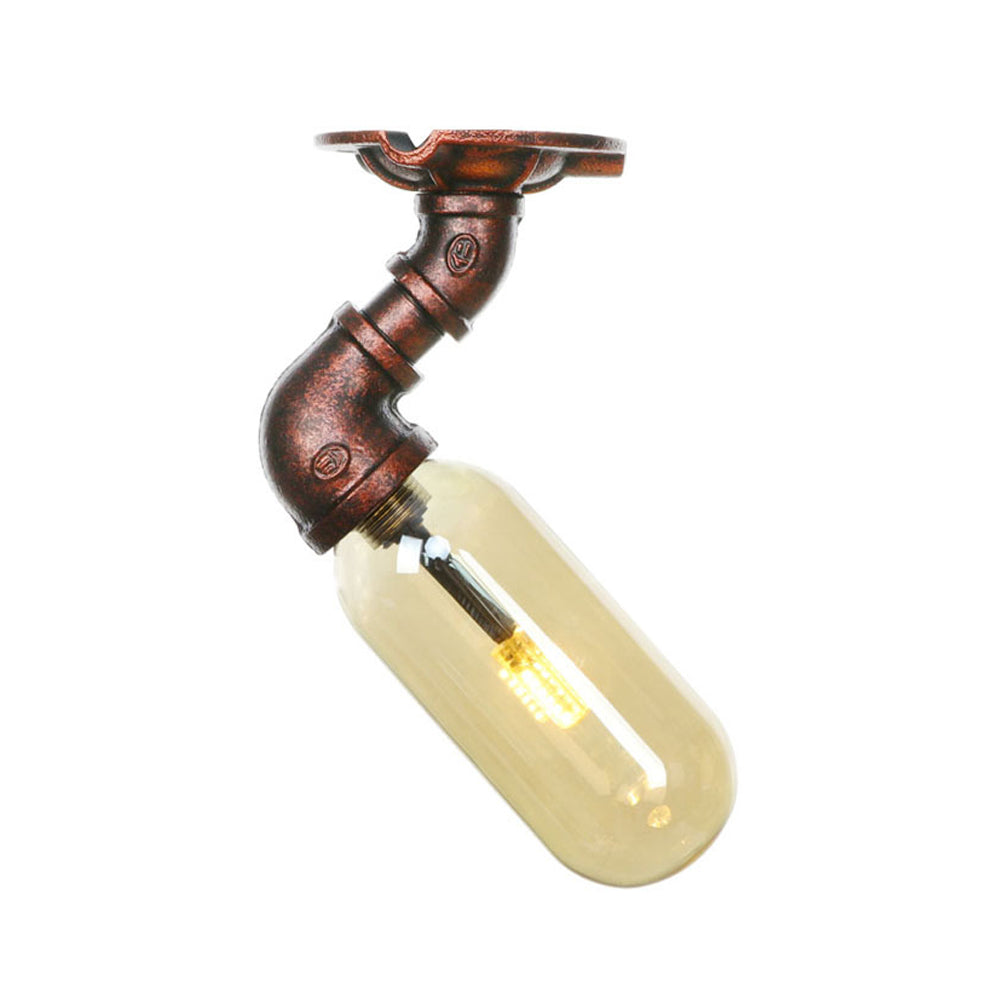 Oval Shade Amber Glass Semi Flush Industrial Single Light Living Room Lighting Fixture in Weathered Copper with Pipe Design Clearhalo 'Ceiling Lights' 'Close To Ceiling Lights' 'Close to ceiling' 'Semi-flushmount' Lighting' 199193