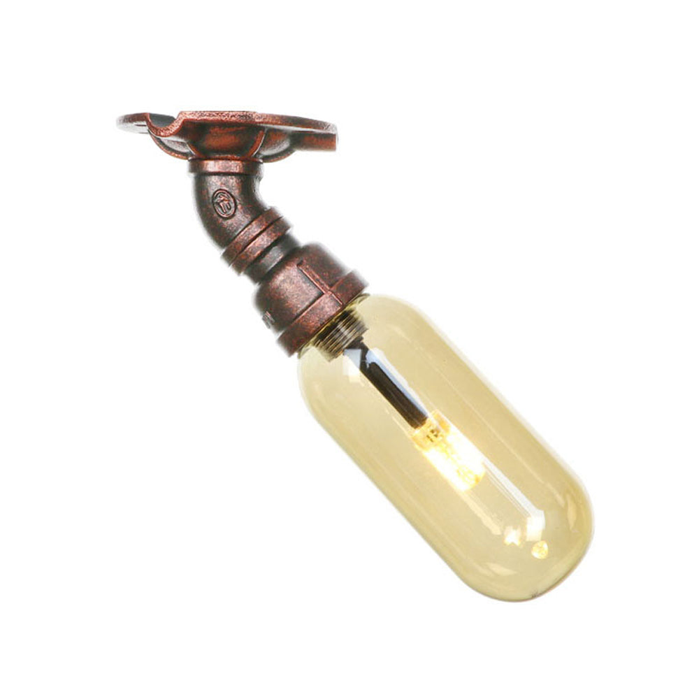 One Light Capsule Semi Flush Light Industrial Weathered Copper Amber Glass Lighting Fixture with Pipe Design Clearhalo 'Ceiling Lights' 'Close To Ceiling Lights' 'Close to ceiling' 'Semi-flushmount' Lighting' 199219