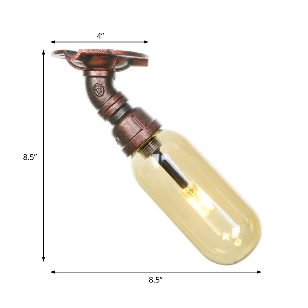 One Light Capsule Semi Flush Light Industrial Weathered Copper Amber Glass Lighting Fixture with Pipe Design Clearhalo 'Ceiling Lights' 'Close To Ceiling Lights' 'Close to ceiling' 'Semi-flushmount' Lighting' 199220