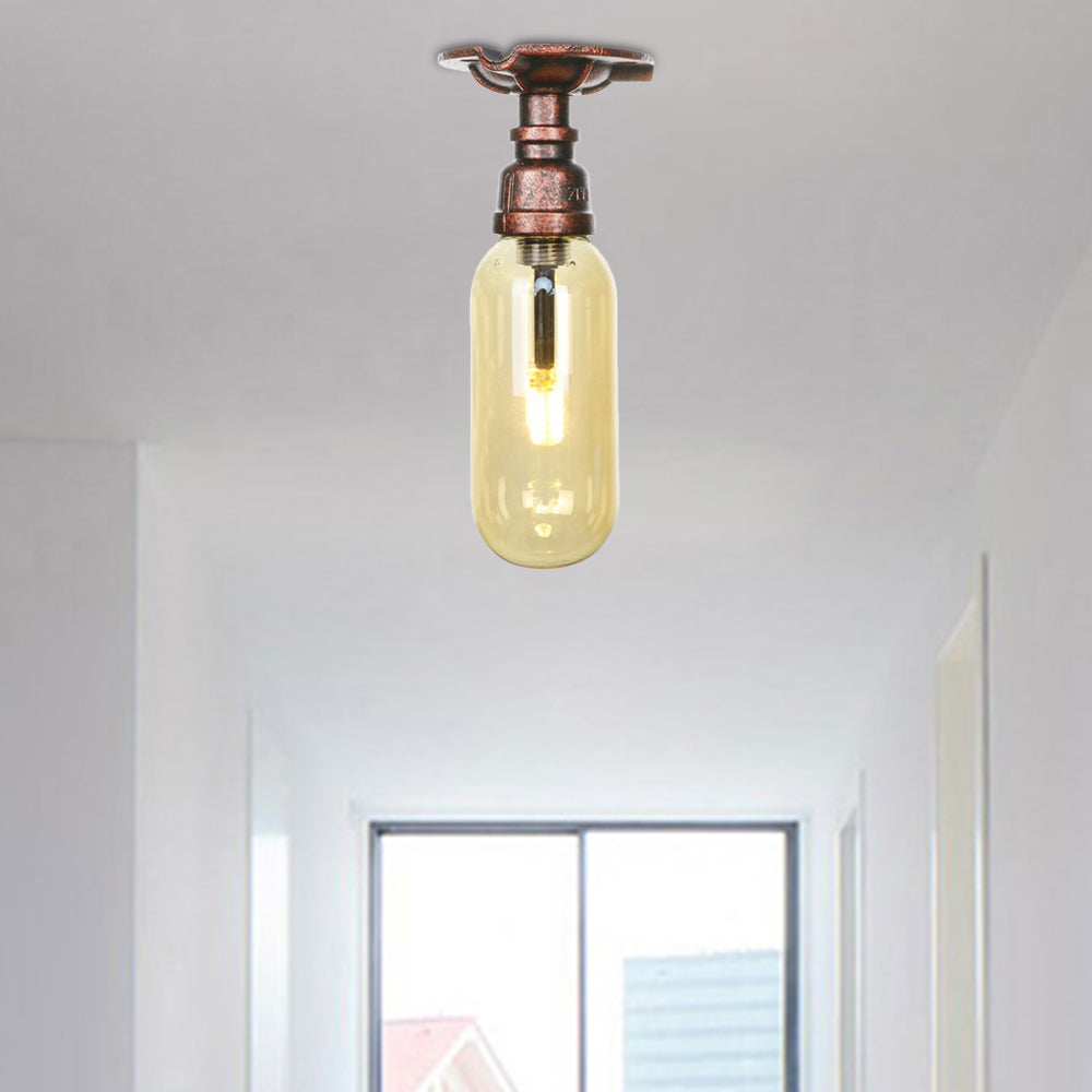 One Light Capsule Semi Flush Light Industrial Weathered Copper Amber Glass Lighting Fixture with Pipe Design Weathered Copper B Clearhalo 'Ceiling Lights' 'Close To Ceiling Lights' 'Close to ceiling' 'Semi-flushmount' Lighting' 199221