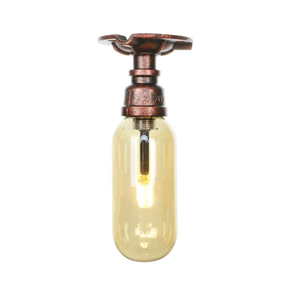 One Light Capsule Semi Flush Light Industrial Weathered Copper Amber Glass Lighting Fixture with Pipe Design Clearhalo 'Ceiling Lights' 'Close To Ceiling Lights' 'Close to ceiling' 'Semi-flushmount' Lighting' 199223