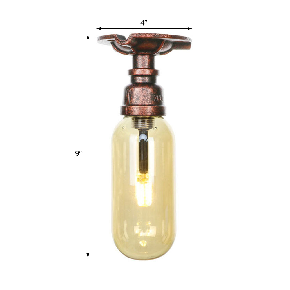 One Light Capsule Semi Flush Light Industrial Weathered Copper Amber Glass Lighting Fixture with Pipe Design Clearhalo 'Ceiling Lights' 'Close To Ceiling Lights' 'Close to ceiling' 'Semi-flushmount' Lighting' 199224