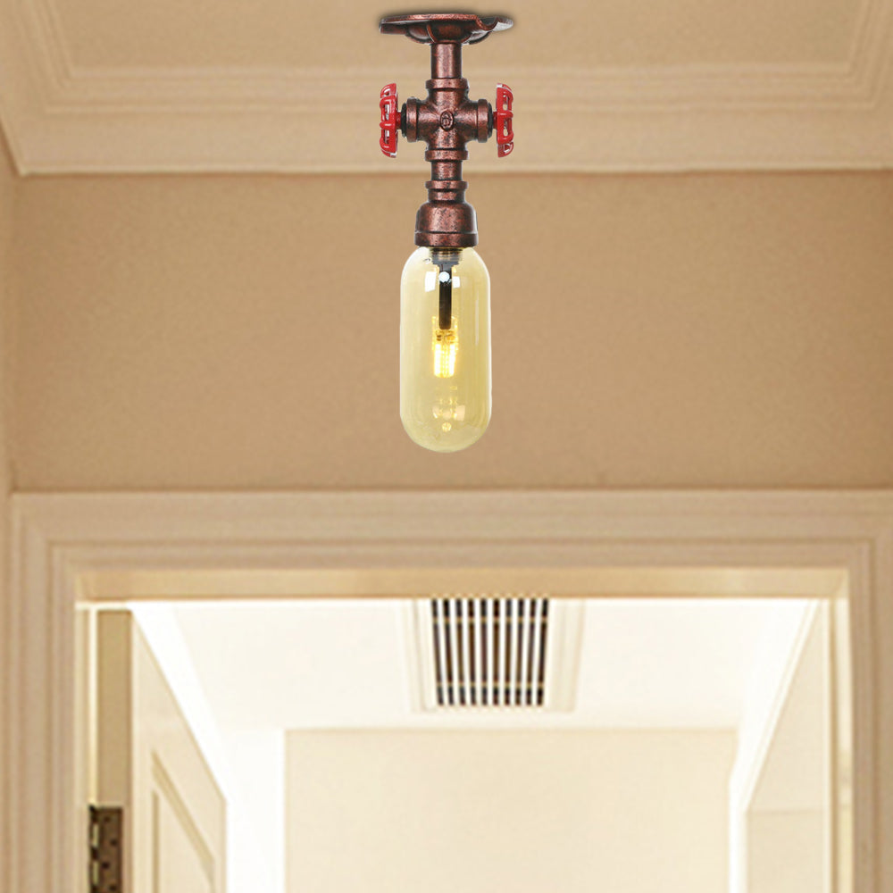 One Light Capsule Semi Flush Light Industrial Weathered Copper Amber Glass Lighting Fixture with Pipe Design Weathered Copper C Clearhalo 'Ceiling Lights' 'Close To Ceiling Lights' 'Close to ceiling' 'Semi-flushmount' Lighting' 199225