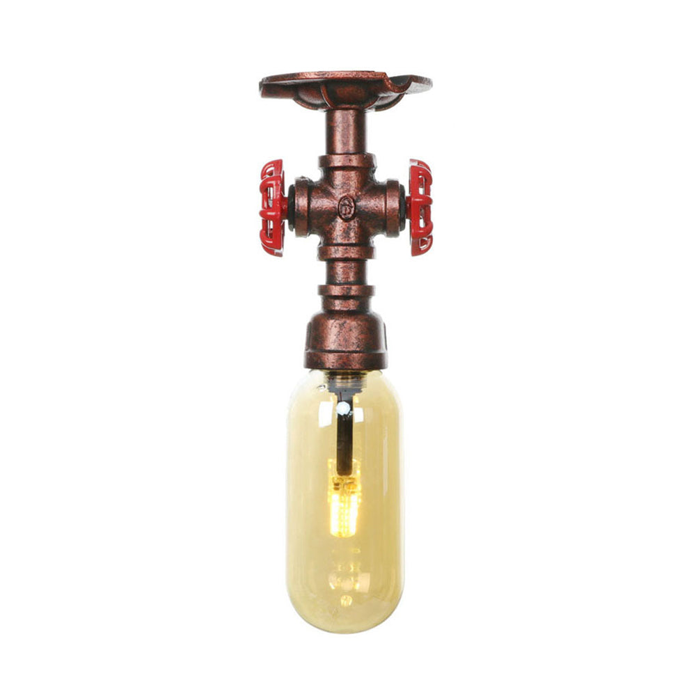 One Light Capsule Semi Flush Light Industrial Weathered Copper Amber Glass Lighting Fixture with Pipe Design Clearhalo 'Ceiling Lights' 'Close To Ceiling Lights' 'Close to ceiling' 'Semi-flushmount' Lighting' 199227