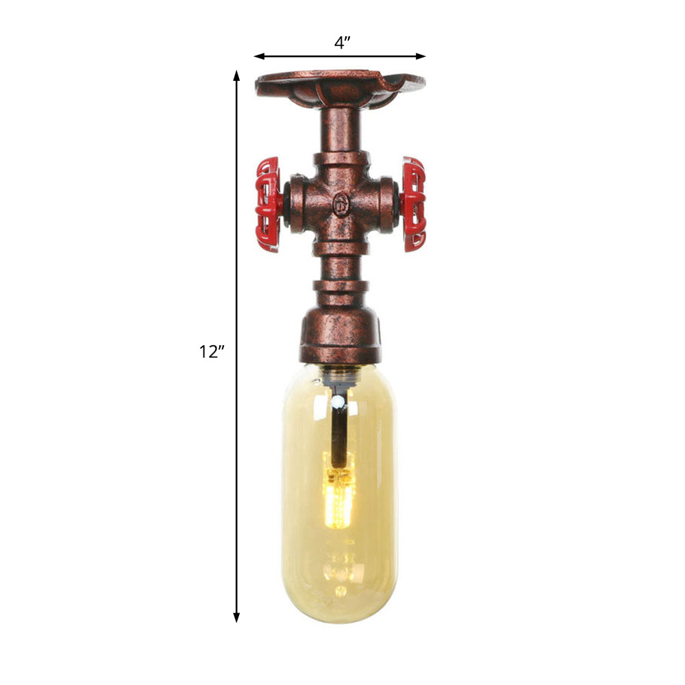 One Light Capsule Semi Flush Light Industrial Weathered Copper Amber Glass Lighting Fixture with Pipe Design Clearhalo 'Ceiling Lights' 'Close To Ceiling Lights' 'Close to ceiling' 'Semi-flushmount' Lighting' 199228