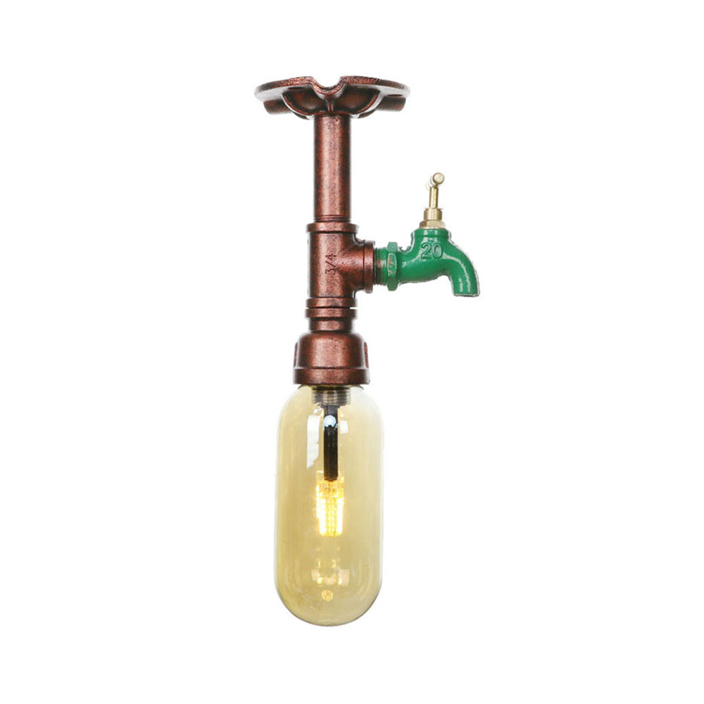 One Light Capsule Semi Flush Light Industrial Weathered Copper Amber Glass Lighting Fixture with Pipe Design Clearhalo 'Ceiling Lights' 'Close To Ceiling Lights' 'Close to ceiling' 'Semi-flushmount' Lighting' 199231