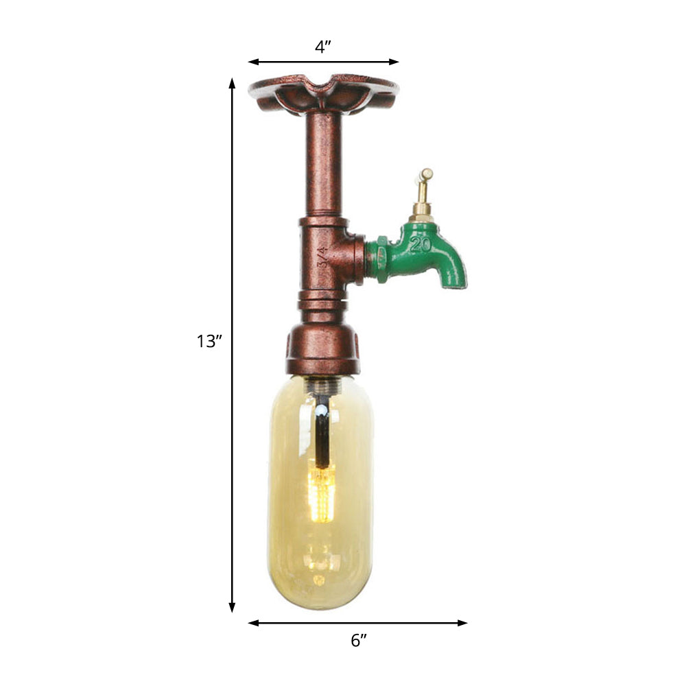 One Light Capsule Semi Flush Light Industrial Weathered Copper Amber Glass Lighting Fixture with Pipe Design Clearhalo 'Ceiling Lights' 'Close To Ceiling Lights' 'Close to ceiling' 'Semi-flushmount' Lighting' 199232