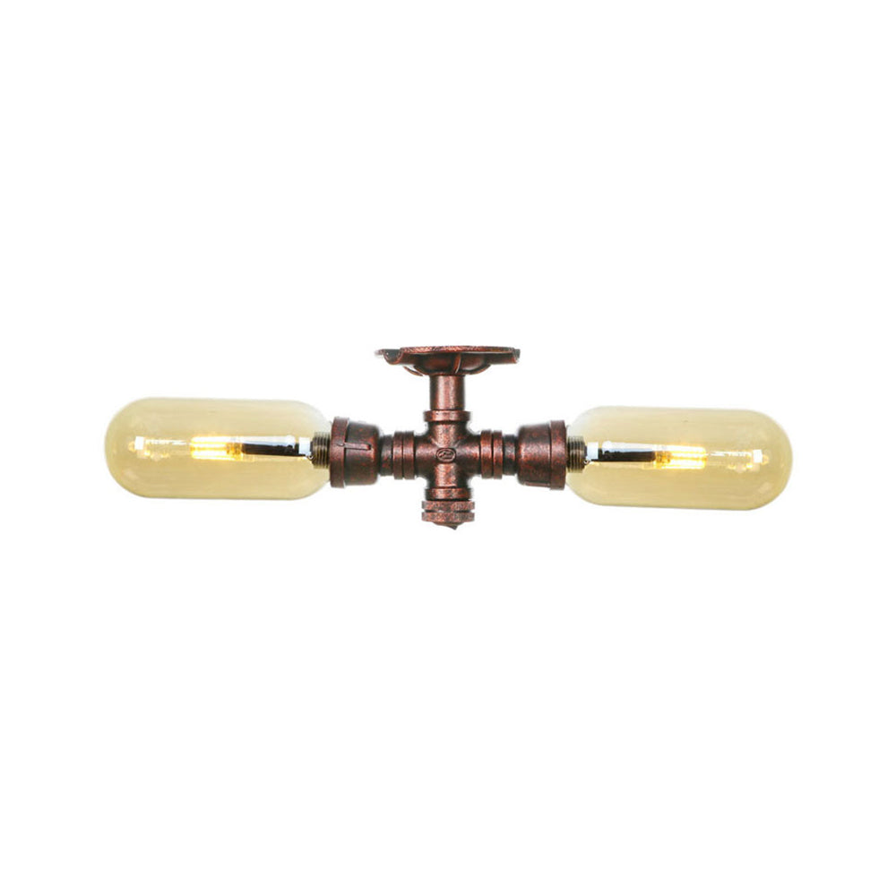 Oval Shade Amber Glass Semi Mount Lighting Rustic Style 2 Bulbs Kitchen Ceiling Light in Weathered Copper with Pipe Design Clearhalo 'Ceiling Lights' 'Close To Ceiling Lights' 'Close to ceiling' 'Semi-flushmount' Lighting' 199244