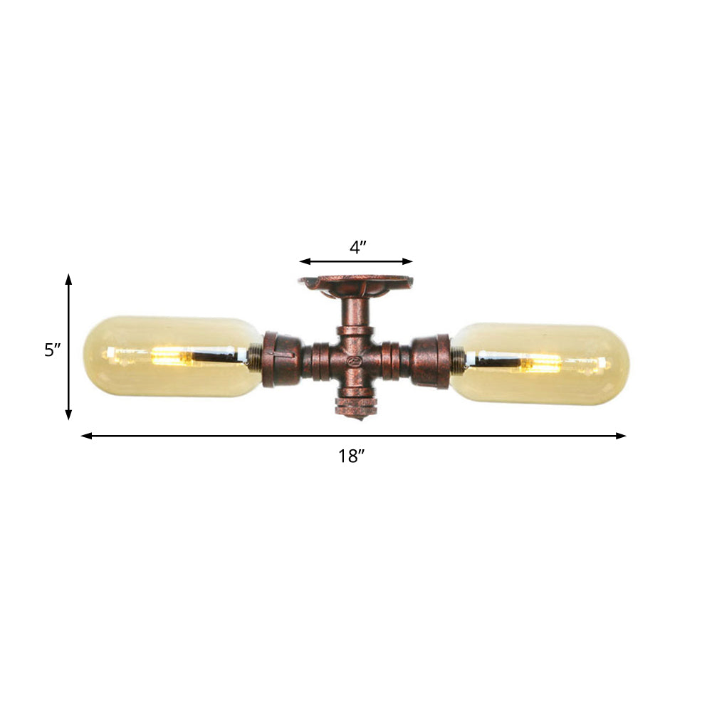 Oval Shade Amber Glass Semi Mount Lighting Rustic Style 2 Bulbs Kitchen Ceiling Light in Weathered Copper with Pipe Design Clearhalo 'Ceiling Lights' 'Close To Ceiling Lights' 'Close to ceiling' 'Semi-flushmount' Lighting' 199245