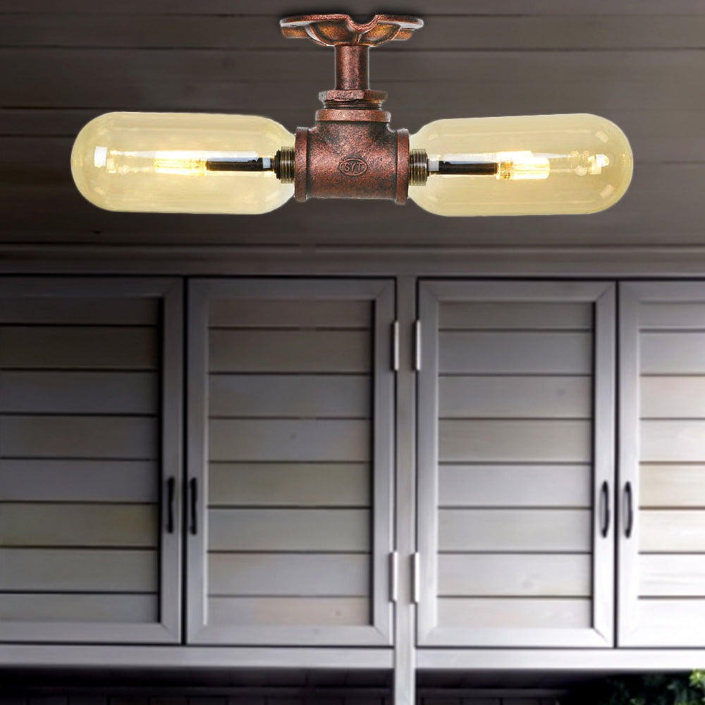 Oval Shade Amber Glass Semi Mount Lighting Rustic Style 2 Bulbs Kitchen Ceiling Light in Weathered Copper with Pipe Design Weathered Copper B Clearhalo 'Ceiling Lights' 'Close To Ceiling Lights' 'Close to ceiling' 'Semi-flushmount' Lighting' 199246