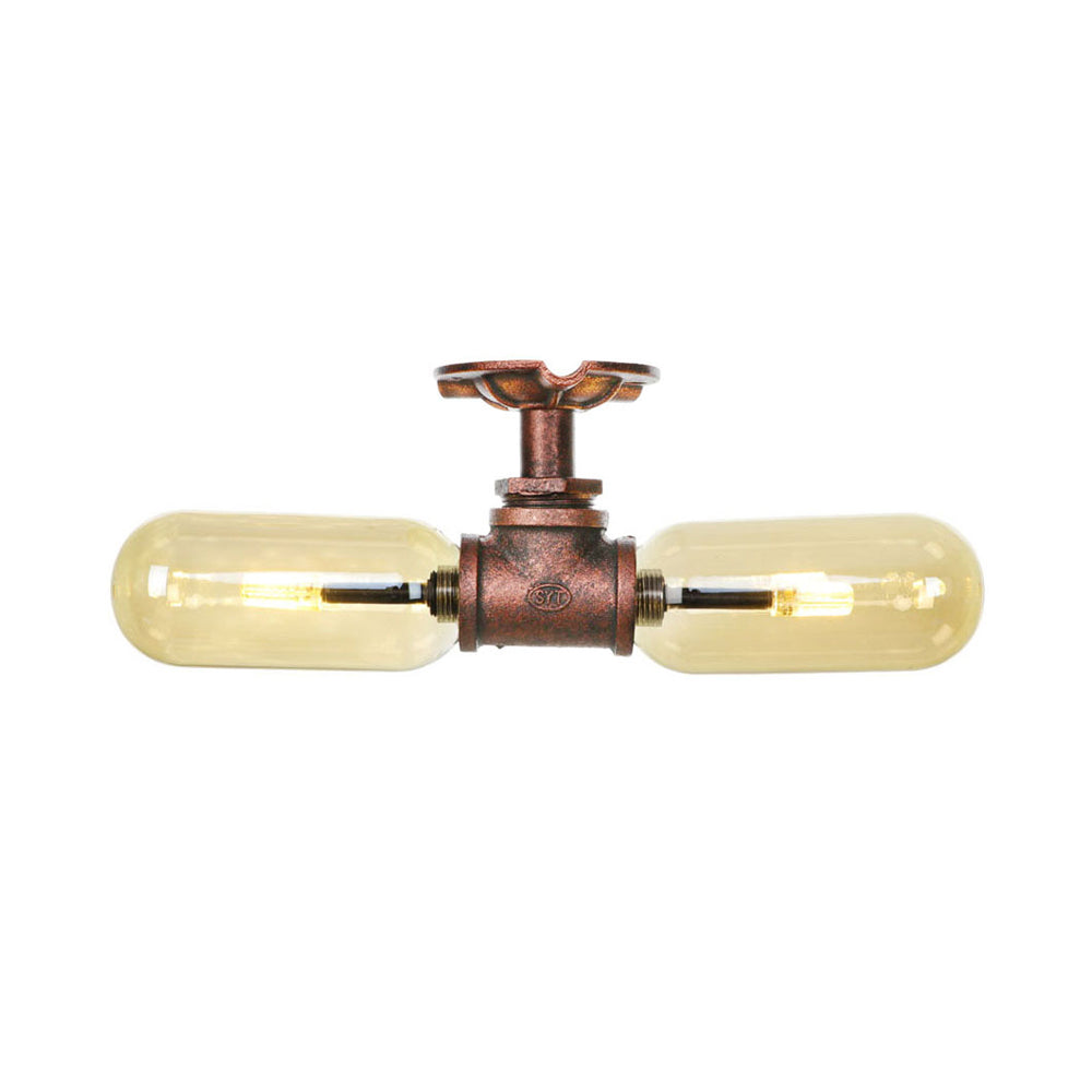 Oval Shade Amber Glass Semi Mount Lighting Rustic Style 2 Bulbs Kitchen Ceiling Light in Weathered Copper with Pipe Design Clearhalo 'Ceiling Lights' 'Close To Ceiling Lights' 'Close to ceiling' 'Semi-flushmount' Lighting' 199248