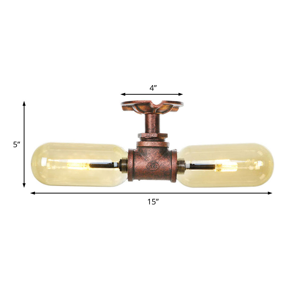 Oval Shade Amber Glass Semi Mount Lighting Rustic Style 2 Bulbs Kitchen Ceiling Light in Weathered Copper with Pipe Design Clearhalo 'Ceiling Lights' 'Close To Ceiling Lights' 'Close to ceiling' 'Semi-flushmount' Lighting' 199249