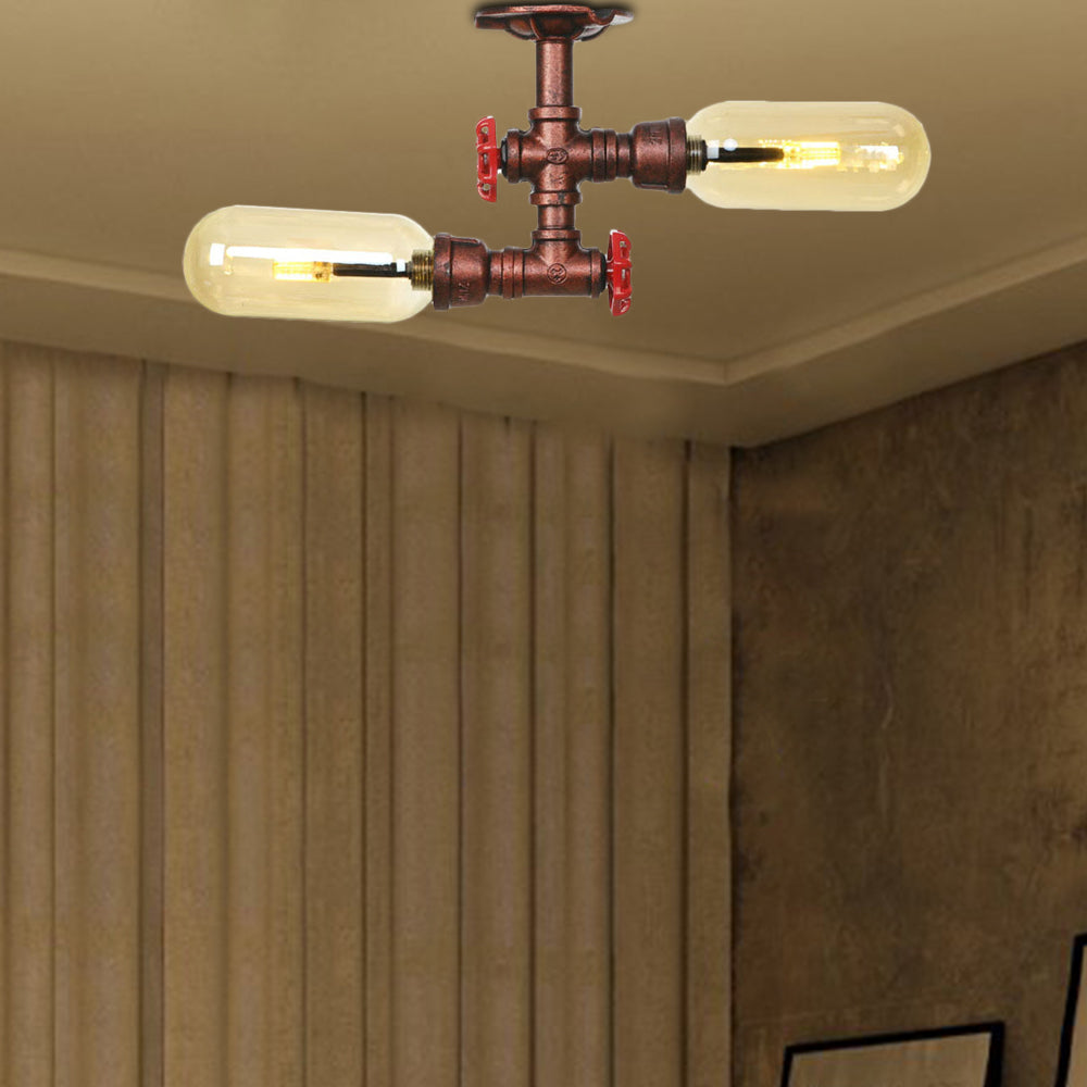 Oval Shade Amber Glass Semi Mount Lighting Rustic Style 2 Bulbs Kitchen Ceiling Light in Weathered Copper with Pipe Design Weathered Copper C Clearhalo 'Ceiling Lights' 'Close To Ceiling Lights' 'Close to ceiling' 'Semi-flushmount' Lighting' 199250