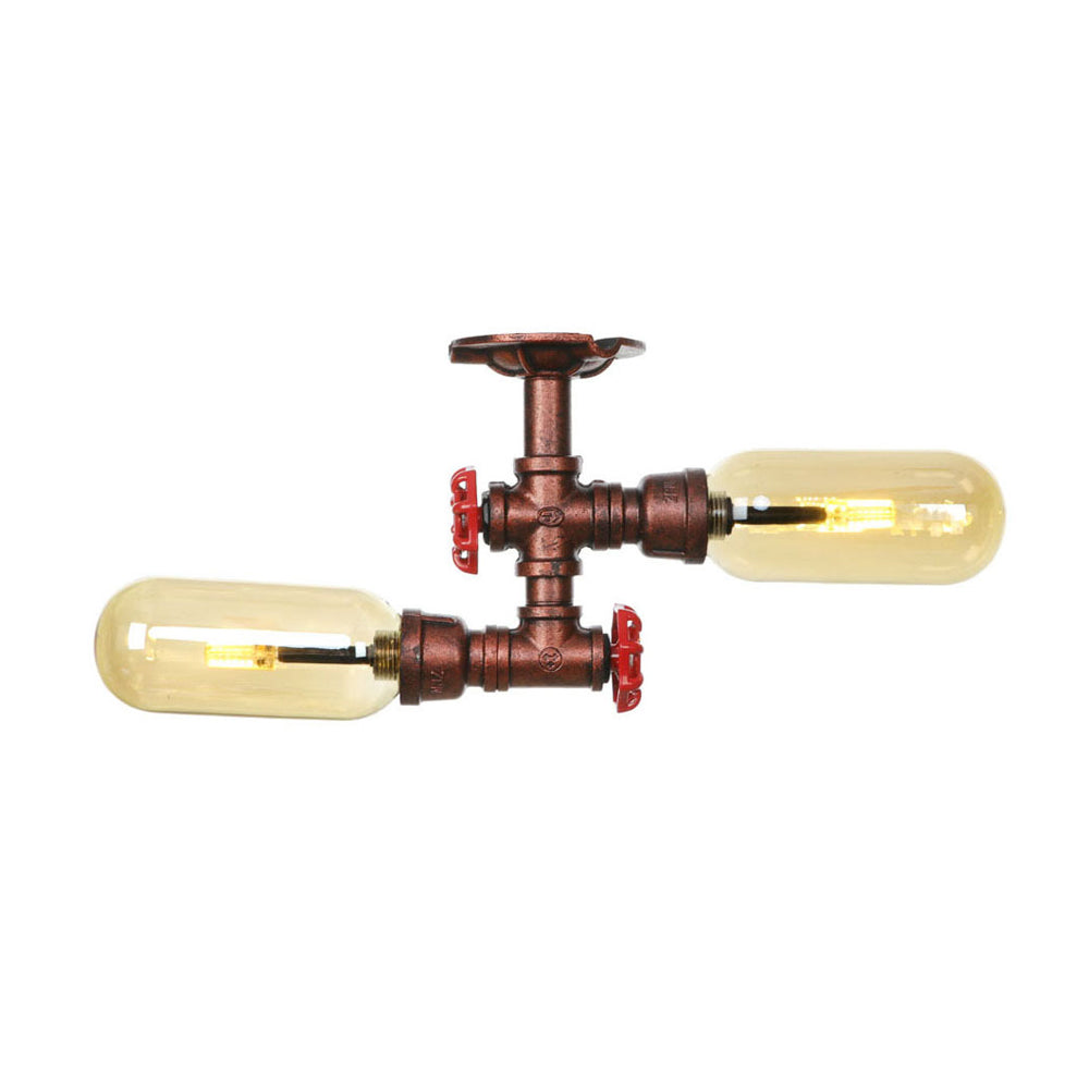 Oval Shade Amber Glass Semi Mount Lighting Rustic Style 2 Bulbs Kitchen Ceiling Light in Weathered Copper with Pipe Design Clearhalo 'Ceiling Lights' 'Close To Ceiling Lights' 'Close to ceiling' 'Semi-flushmount' Lighting' 199252