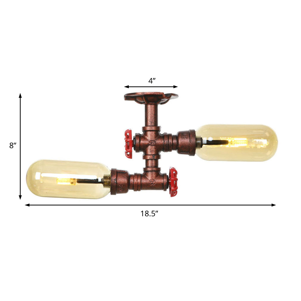 Oval Shade Amber Glass Semi Mount Lighting Rustic Style 2 Bulbs Kitchen Ceiling Light in Weathered Copper with Pipe Design Clearhalo 'Ceiling Lights' 'Close To Ceiling Lights' 'Close to ceiling' 'Semi-flushmount' Lighting' 199253