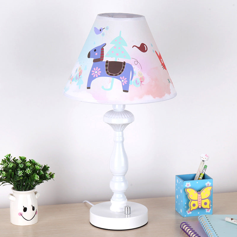 Tapered Shade Bedroom Desk Lamp with Animal Fabric One Light Kids Reading Light in White White Pony Clearhalo 'Lamps' 'Table Lamps' Lighting' 199290