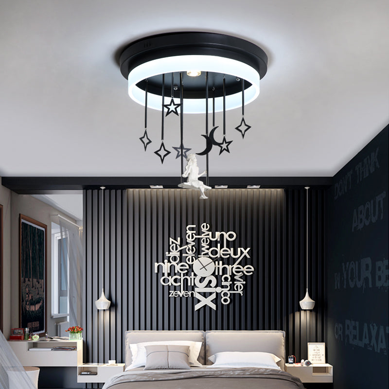 Black Circle Flush Ceiling Light with Star and Fairy Romantic Acrylic LED Ceiling Lamp for Boutique Black 18" Clearhalo 'Ceiling Lights' 'Close To Ceiling Lights' 'Close to ceiling' 'Flush mount' Lighting' 199305