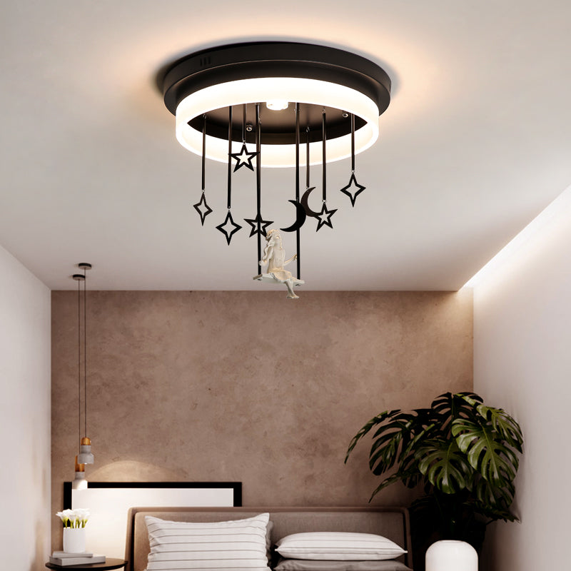 Black Circle Flush Ceiling Light with Star and Fairy Romantic Acrylic LED Ceiling Lamp for Boutique Clearhalo 'Ceiling Lights' 'Close To Ceiling Lights' 'Close to ceiling' 'Flush mount' Lighting' 199306