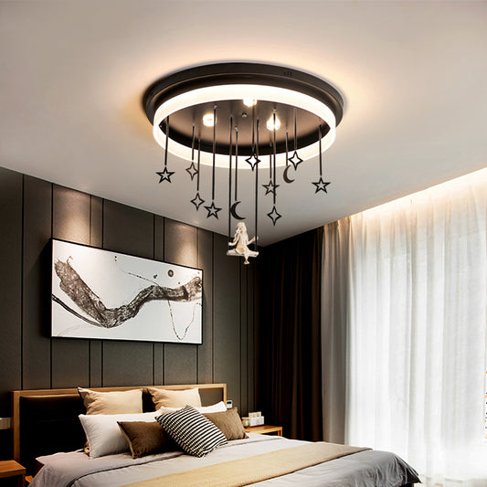 Black Circle Flush Ceiling Light with Star and Fairy Romantic Acrylic LED Ceiling Lamp for Boutique Black 25.5" Clearhalo 'Ceiling Lights' 'Close To Ceiling Lights' 'Close to ceiling' 'Flush mount' Lighting' 199309