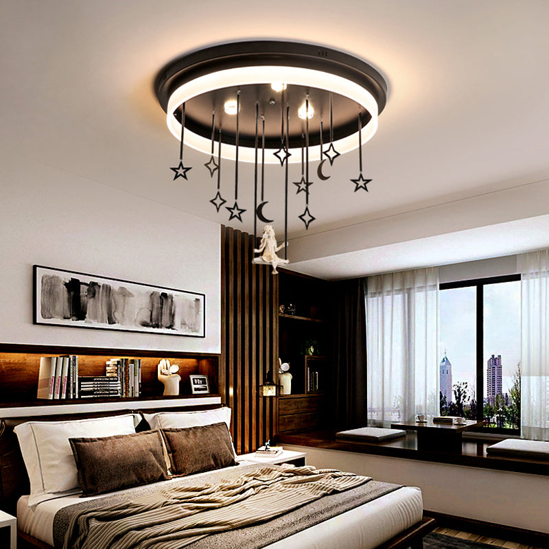 Black Circle Flush Ceiling Light with Star and Fairy Romantic Acrylic LED Ceiling Lamp for Boutique Clearhalo 'Ceiling Lights' 'Close To Ceiling Lights' 'Close to ceiling' 'Flush mount' Lighting' 199310