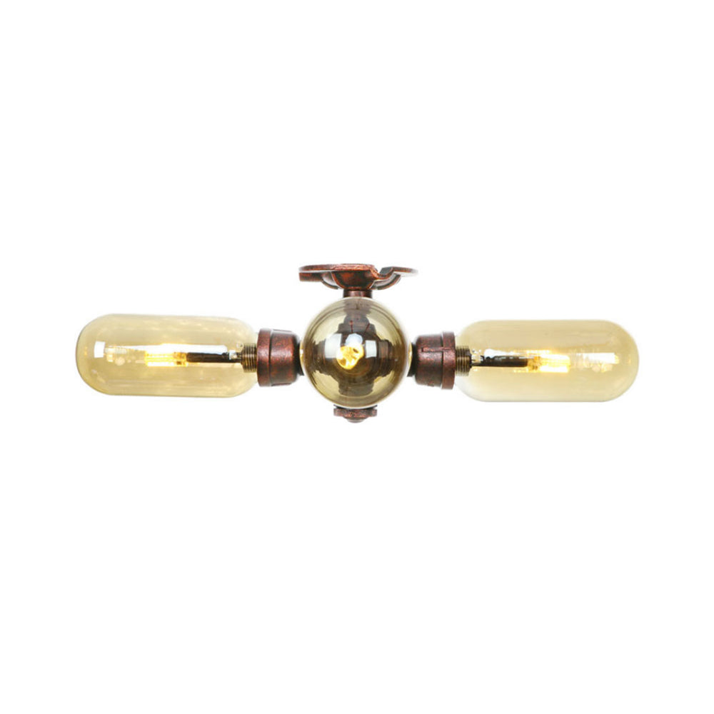 Amber Glass Semi Flush Mount Industrial Capsule Shade 3/4/5 Lights Ceiling Light in Weathered Copper with Pipe Design Clearhalo 'Ceiling Lights' 'Close To Ceiling Lights' 'Close to ceiling' 'Semi-flushmount' Lighting' 199316