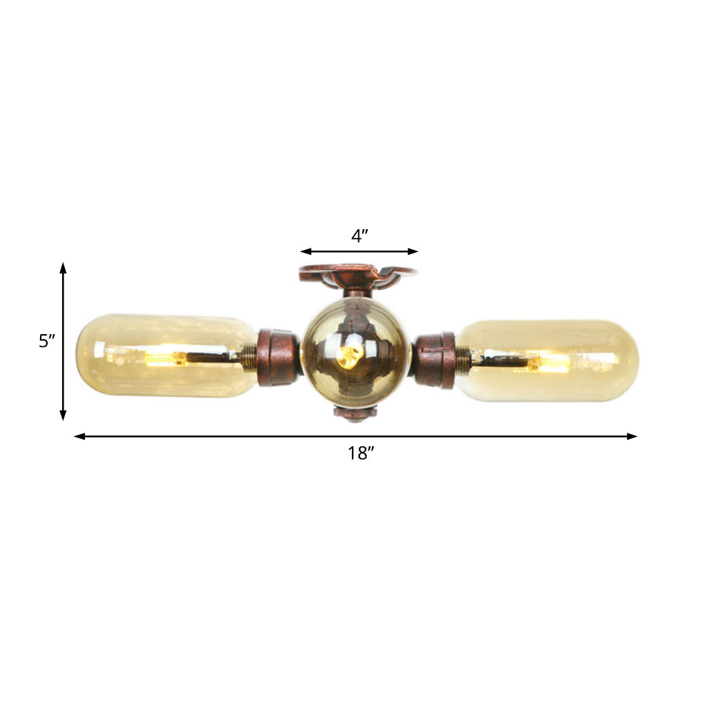 Amber Glass Semi Flush Mount Industrial Capsule Shade 3/4/5 Lights Ceiling Light in Weathered Copper with Pipe Design Clearhalo 'Ceiling Lights' 'Close To Ceiling Lights' 'Close to ceiling' 'Semi-flushmount' Lighting' 199317